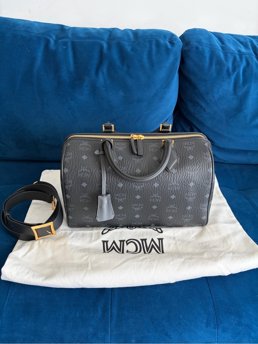 MCM Ella Boston Bag Black Visetos Stark Bag with Gold Hardware. Brand new.